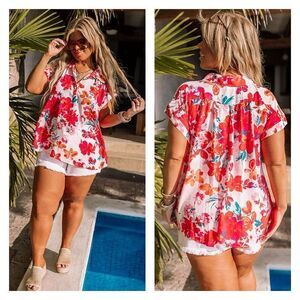 NWT Emily Wonder Women's Floral Short Sleeve Top Blouse Multi-Color Plus Size 1X